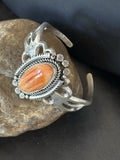 Women's Tufa Orange Spiny Oyster Navajo Cuff Bracelet 7.7" | Sterling Silver | Authentic Native American Handmade | 19455