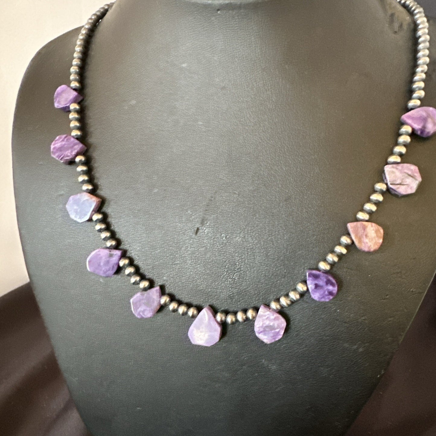 Purple Charoite Teardrop Navajo Pearls Sterling Silver Necklace 20" 17933