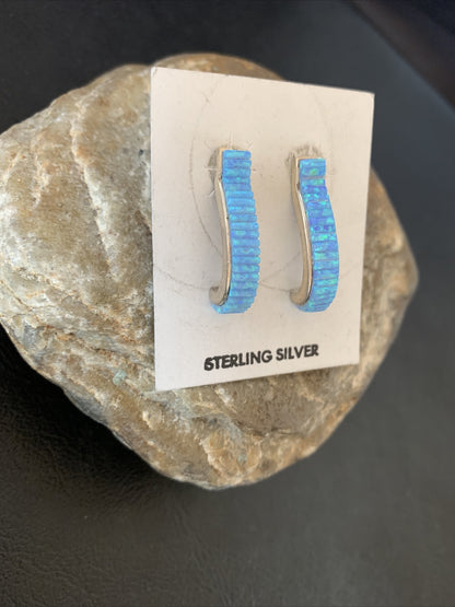 Blue Opal Inlay Navajo Sterling Silver Hoop Earrings 1" 1718