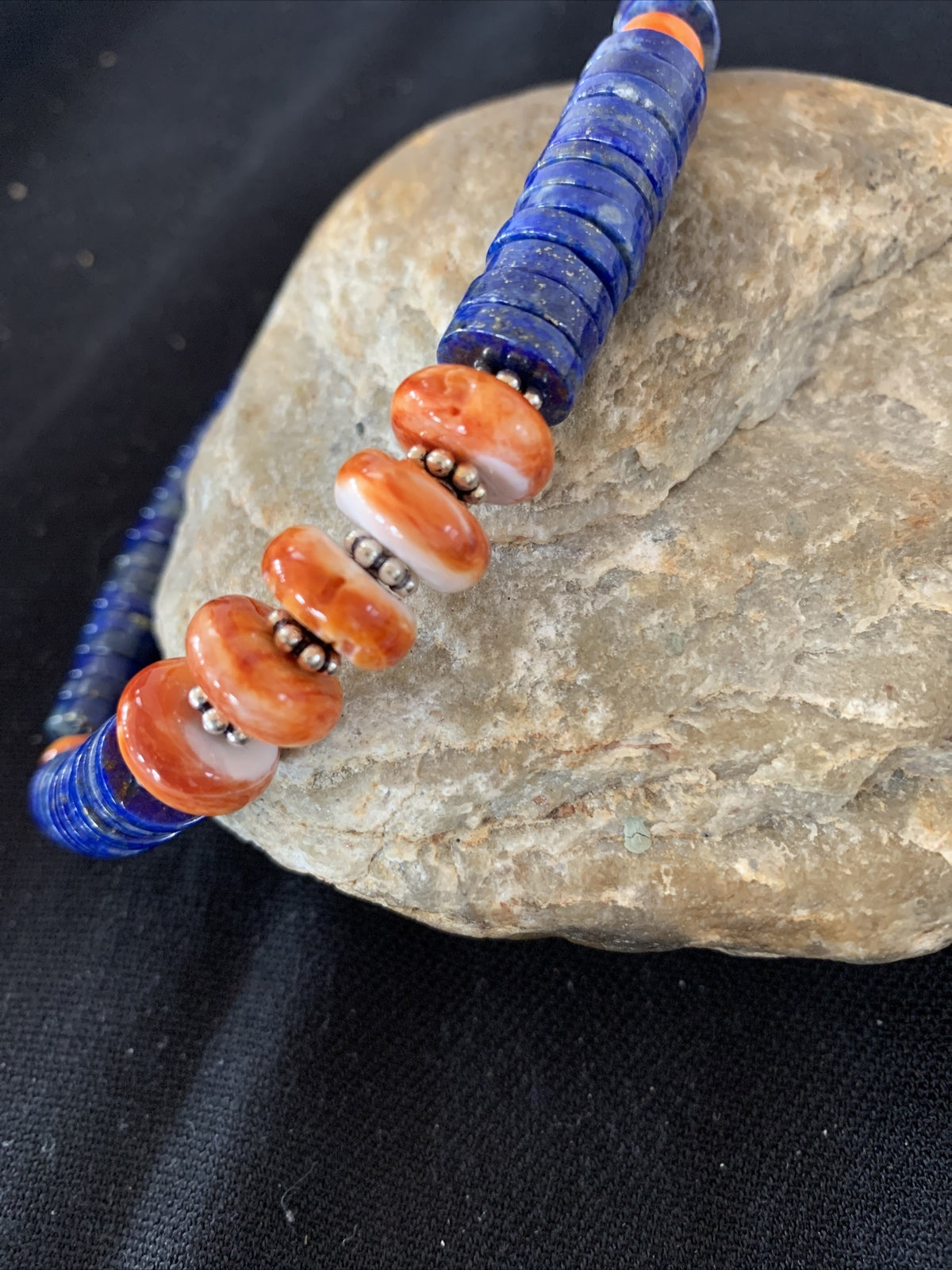 Mens Navajo Sterling Silver Navy Blue Lapis Orange Spiny Oyster Necklace 00929