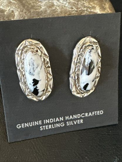 Women White Buffalo Turquoise Navajo Sterling Silver Post Earrings 19094