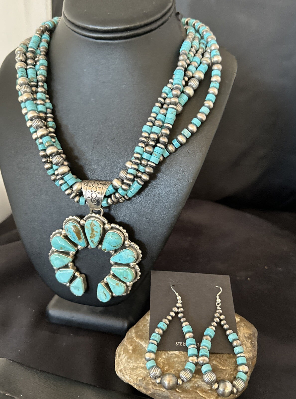 Blue Turquoise Naja Pendant Navajo Sterling Silver Earrings Necklace 21" 16865