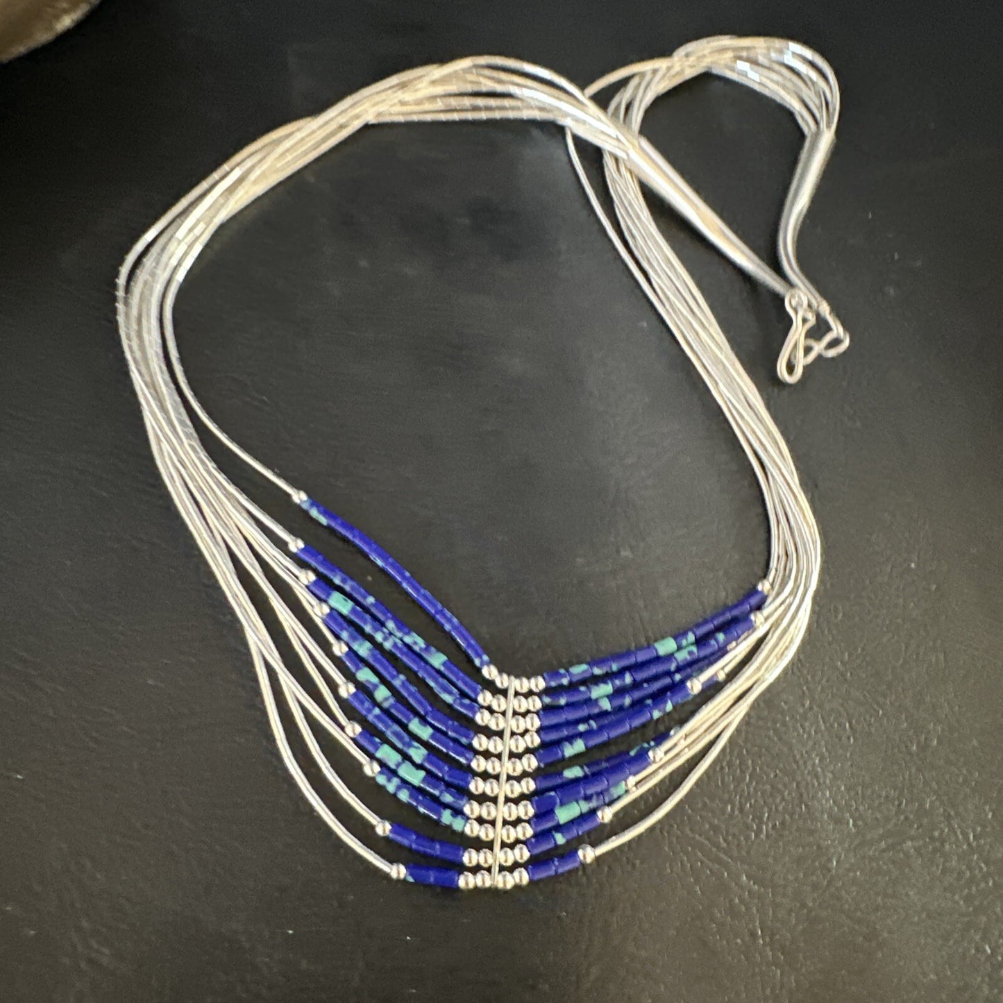 Blue Green Azurite Heishi 10Strand Stabilized Sterling Silver Necklace 18" 15135