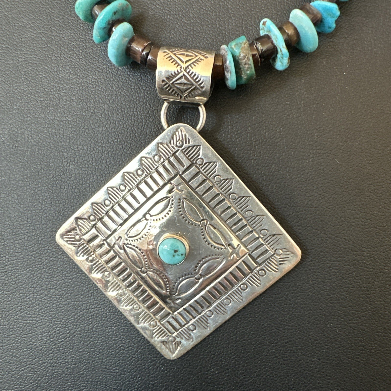 Navajo Blue Turquoise Stamped Pendant Shell Sterling Silver 28” Necklace 19705