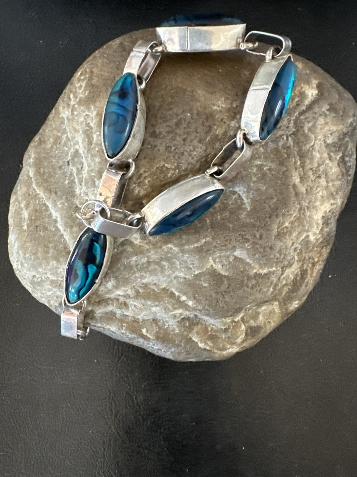 Women Old Pawn Blue Pava Shell Navajo Sterling Silver Link Bracelet 8” 19799