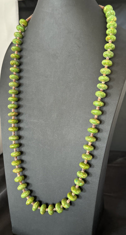 Green Mohave Turquoise Shell Santo Domingo Sterling Silver Necklace 32”19661