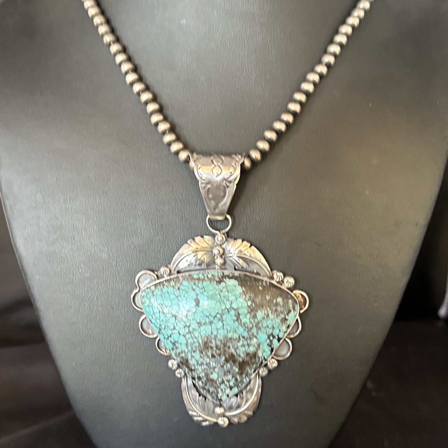 Blue Spiderweb Turquoise Pendant Navajo Pearls Sterling Silver Necklace 14807