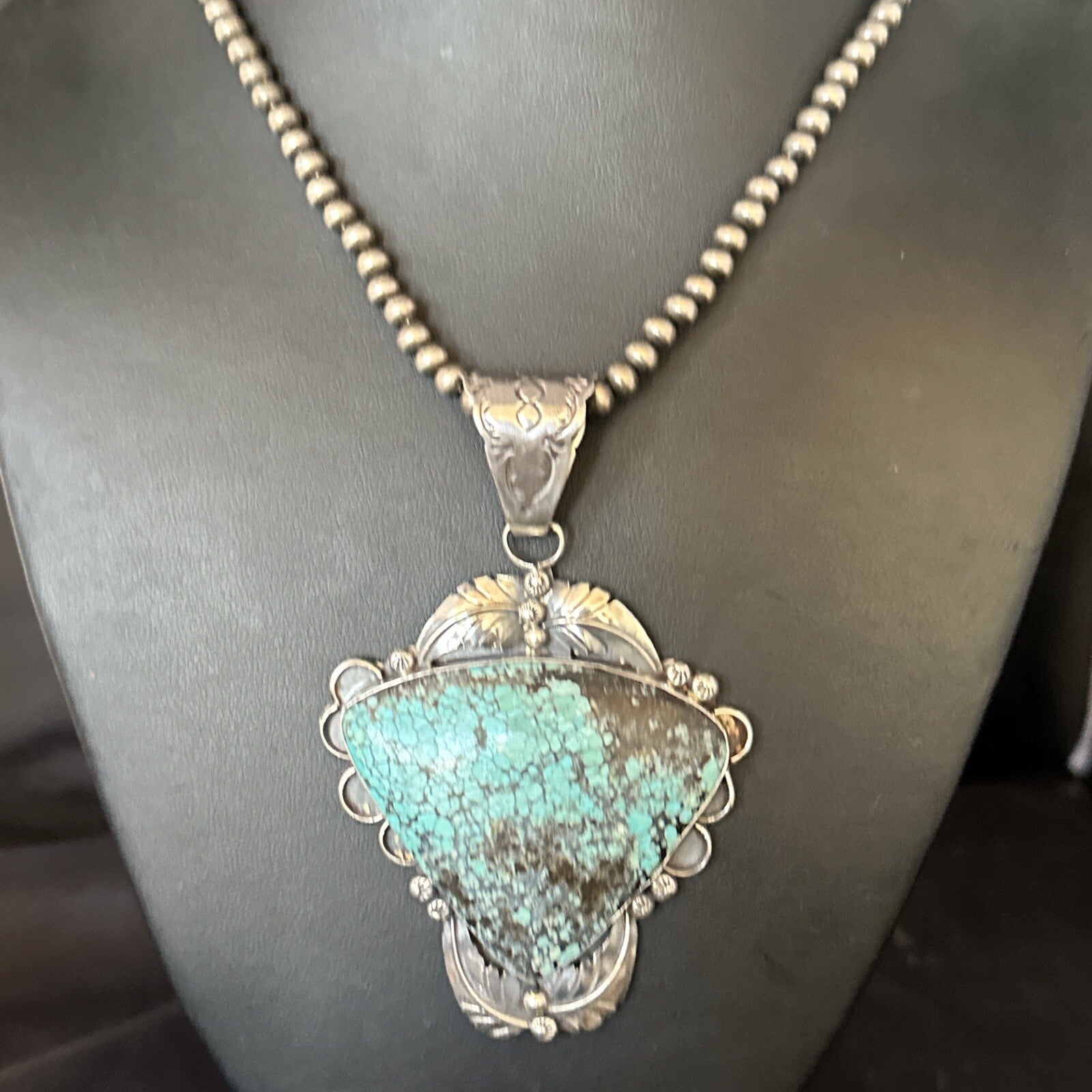 Blue Spiderweb Turquoise Pendant Navajo Pearls Sterling Silver Necklace 14807