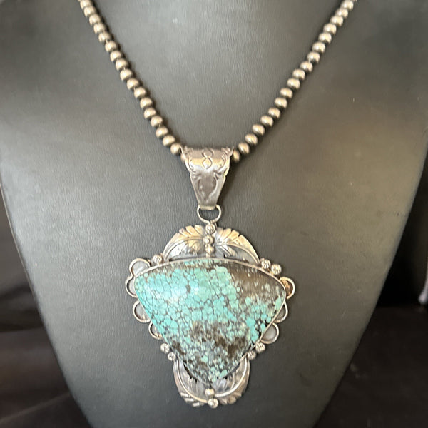 Blue Spiderweb Turquoise Pendant Navajo Pearls Necklace | Sterling Silver | Authentic Native American Handmade | 14807