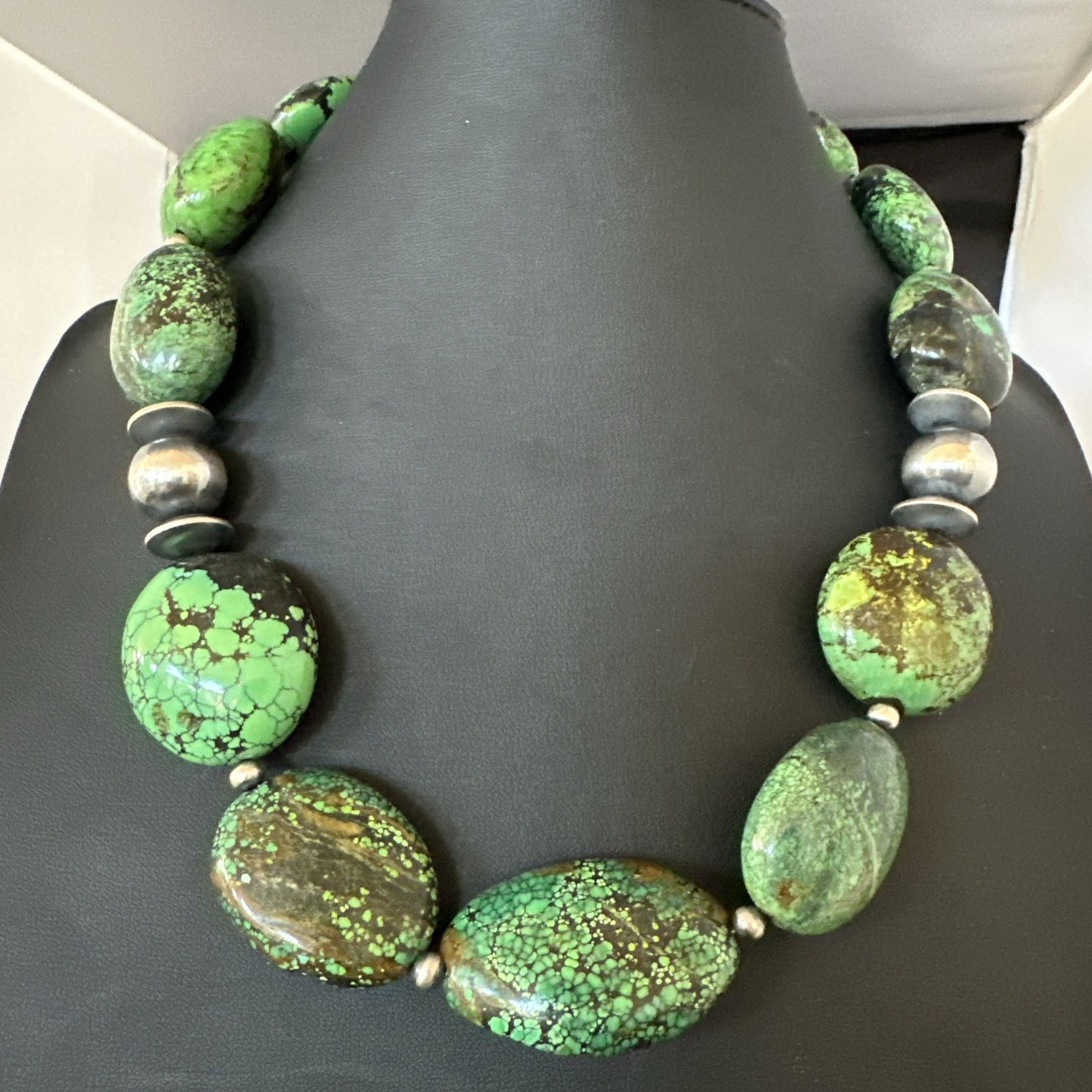 Green Turquoise Nugget Navajo Pearls Sterling Silver Necklace 19533