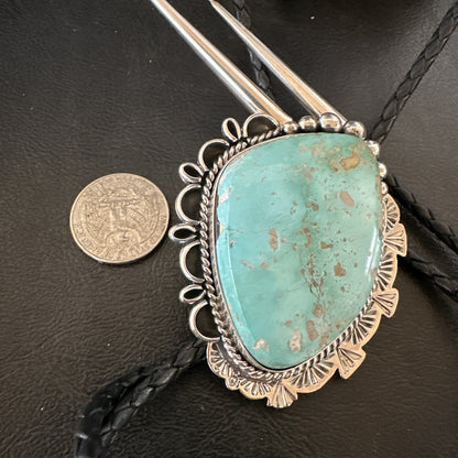 Native Mens Blue Green Royston Turquoise Bolo Tie Sterling Silver Navajo 19592