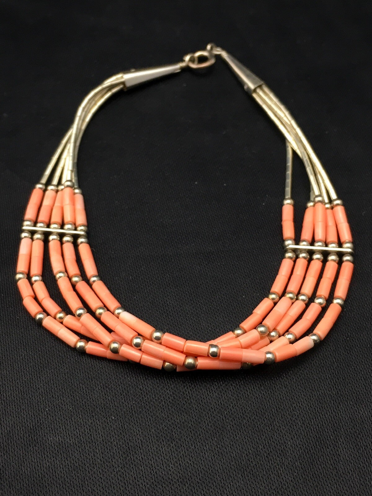 Native Pink Coral 5 Strand Heishi Liquid Sterling Silver Bracelet 7" 4345