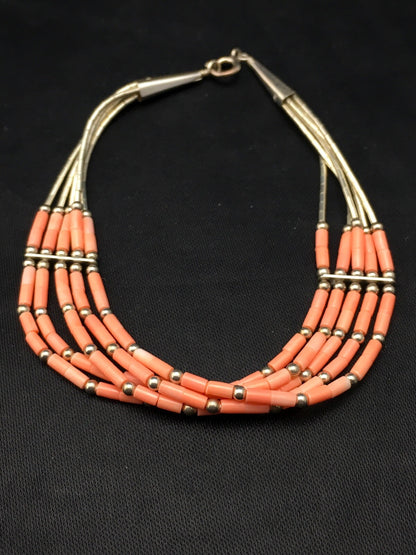 Native Pink Coral 5 Strand Heishi Liquid Sterling Silver Bracelet 7" 4345