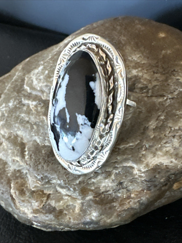 Black White Buffalo Turquoise Navajo Ring Size 11 | Sterling Silver | Authentic Native American Handmade | 19810
