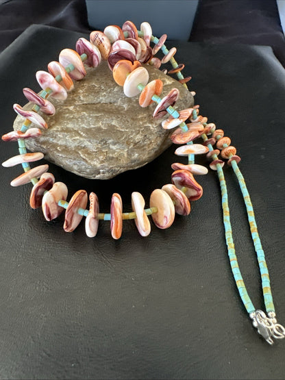 Orange Spiny Oyster Turquoise Navajo Pearls Sterling Silver Necklace 27” 19466