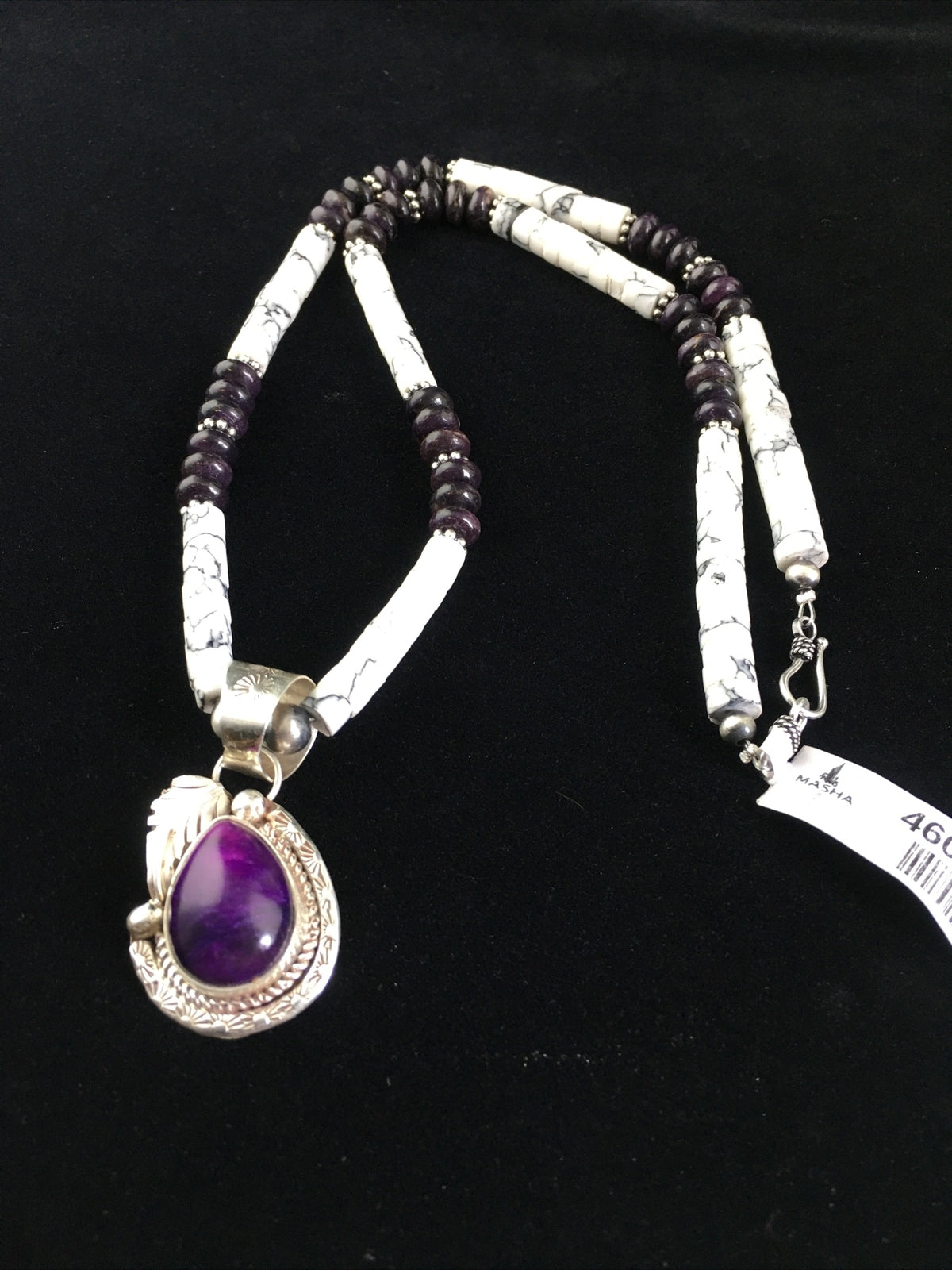 Native  Purple Stone & Howlite Bead Navajo Sterling Silver Necklace 04607