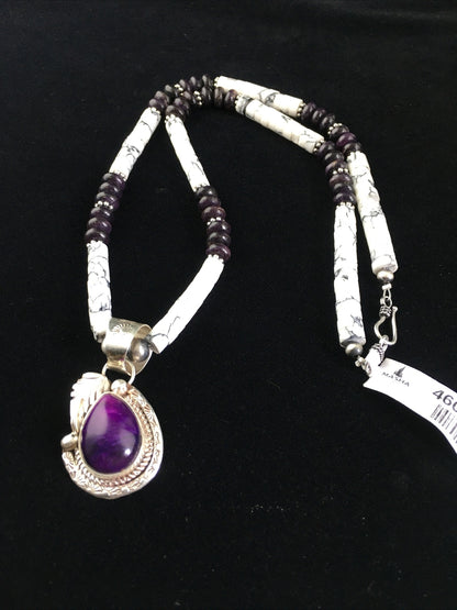 Native  Purple Stone & Howlite Bead Navajo Sterling Silver Necklace 04607