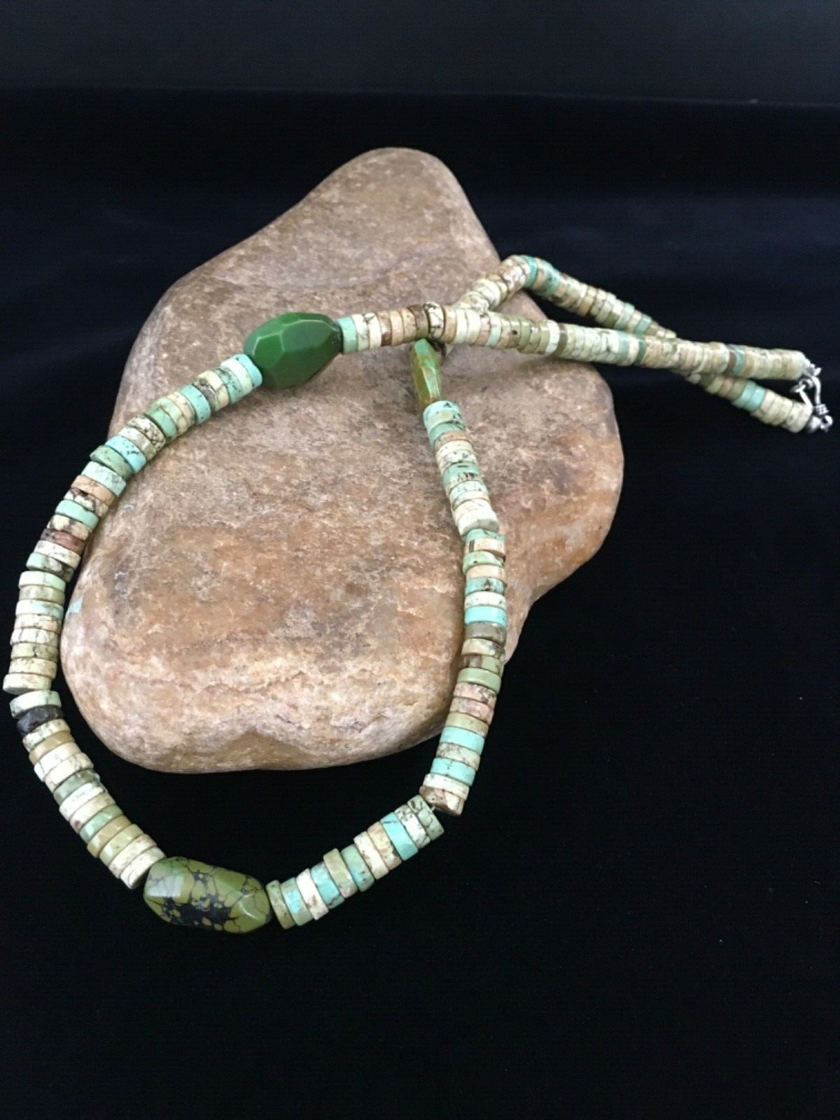 Mens Green Turquoise Chunky Navajo Sterling Silver Heishi Necklace 22" 1781