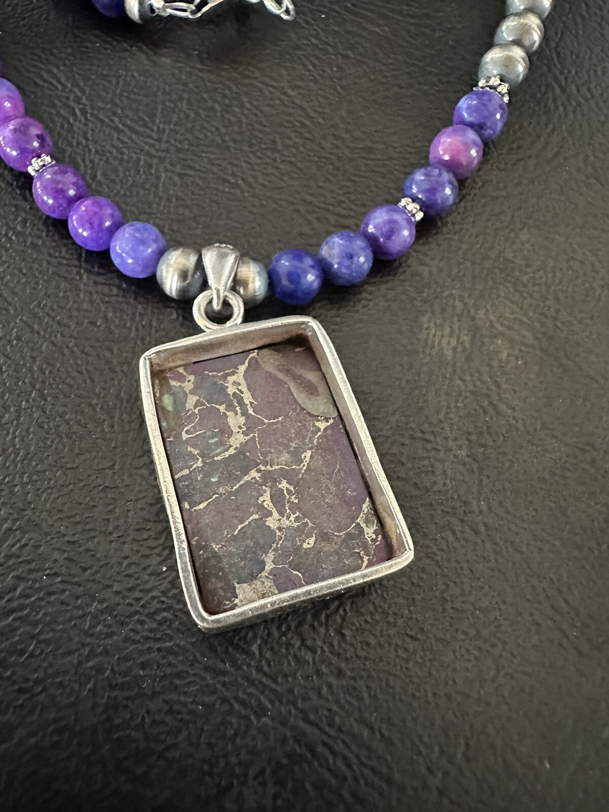 Purple Stone Turquoise Pendant Navajo Pearls Sterling Silver Necklace 18384