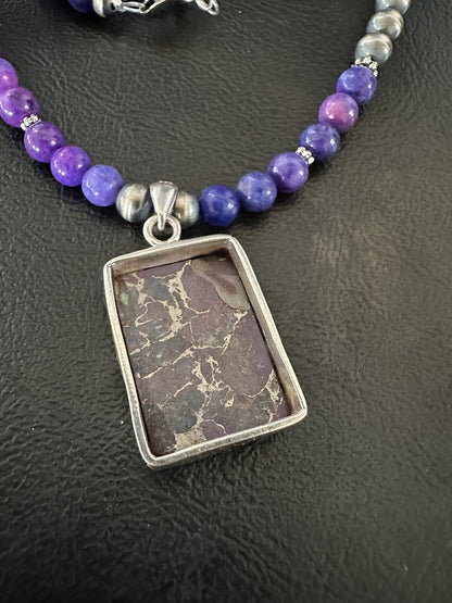 Purple Stone Turquoise Pendant Navajo Pearls Sterling Silver Necklace 18384