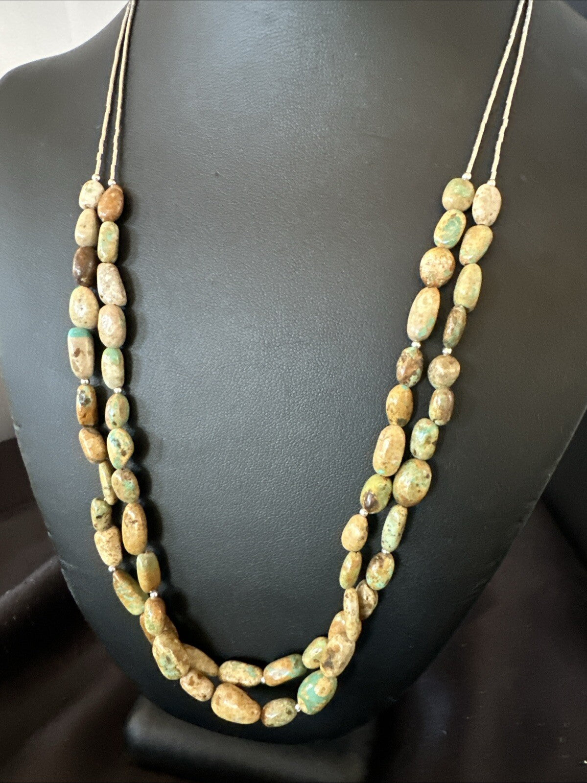 Only One Sterling Silver Heishi Green Turquoise 2 Strands Bead Necklace 18823
