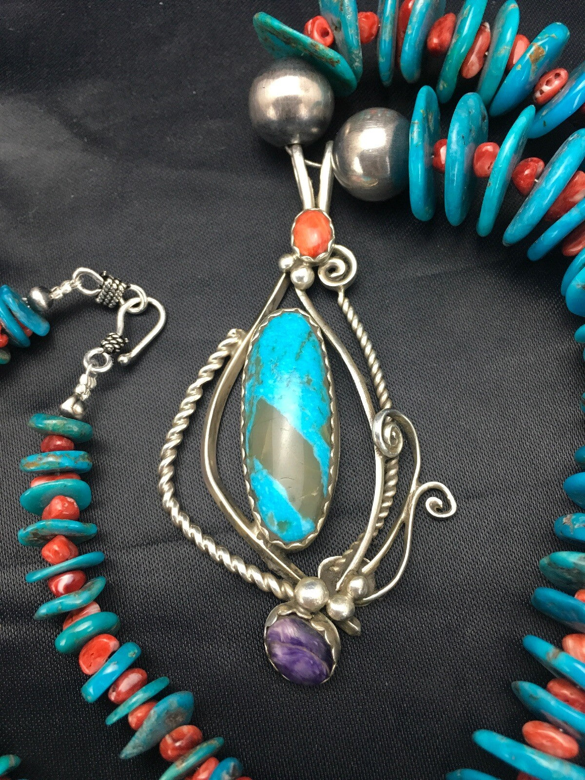 Kingman Turquoise & Spiny Oyster Pendant Navajo Sterling Silver Necklace 02637