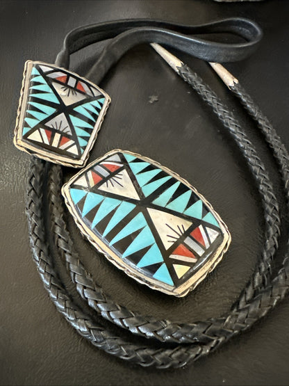 Zuni  Mens BoloTie Belt Buckle Ranger Set Turquoise Coral Sterling Silver 19155
