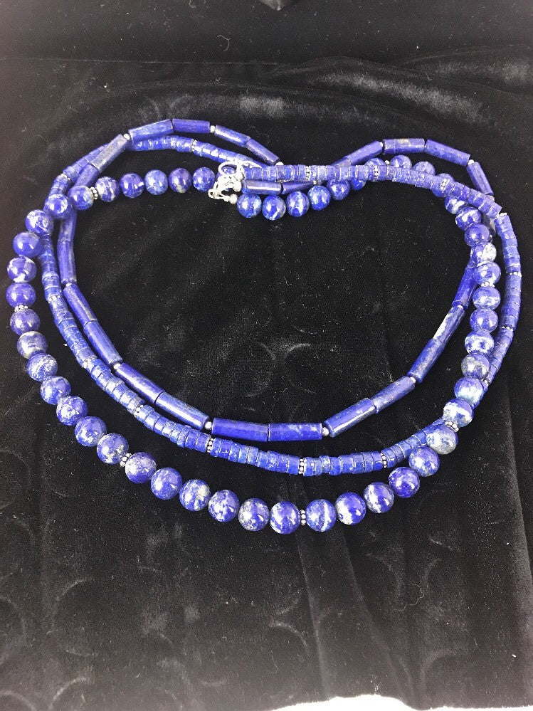 Native Denim Lapis 3 strand Sterling Silver Tube Bead 22" Necklace 3869