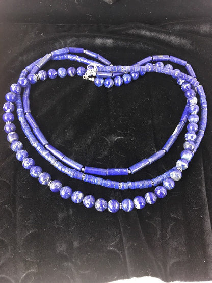 Native Denim Lapis 3 strand Sterling Silver Tube Bead 22" Necklace 3869