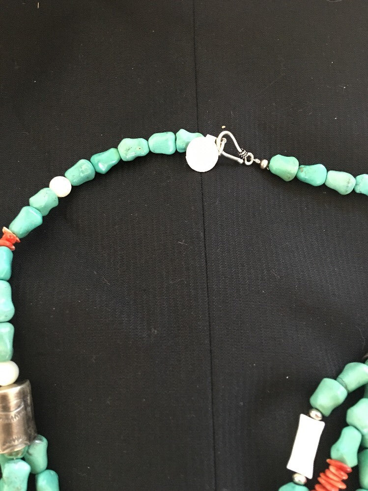 Turquoise, Mother Of Pearl, Spiny 3 Strands Navajo Sterling Silve Necklace 03262