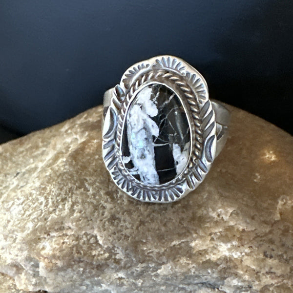 Men's Women's White Buffalo Turquoise Navajo Ring Size 9 | Sterling Silver | Authentic Native American Handmade | 18587