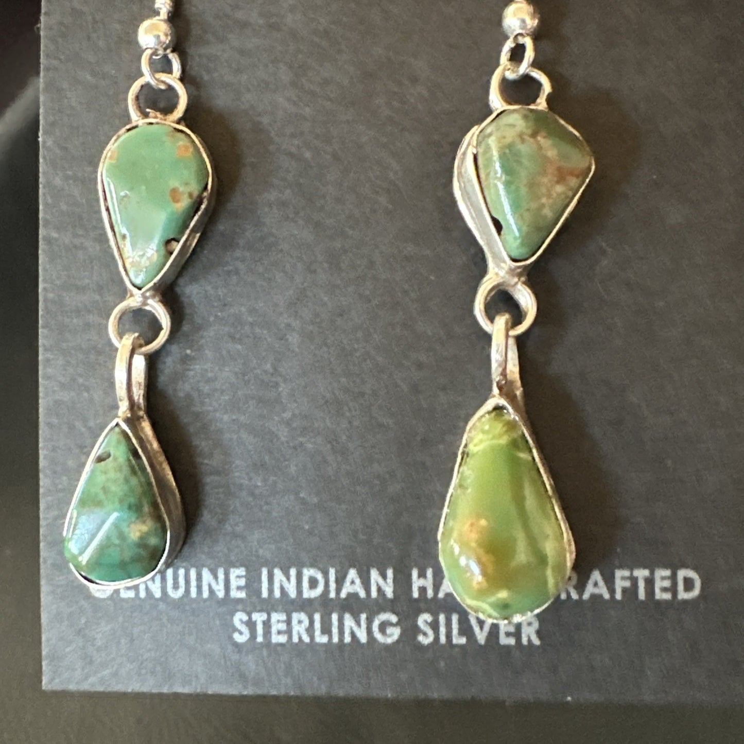 Green Royston Turquoise Navajo Sterling Silver Dangle Earrings 19414