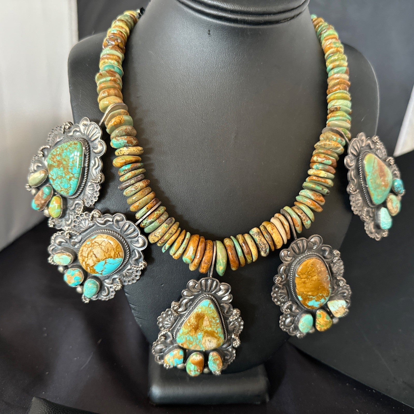 Statement Royston Turquoise Old Pawn 5 Navajo Sterling Silver Necklace 23" 19127