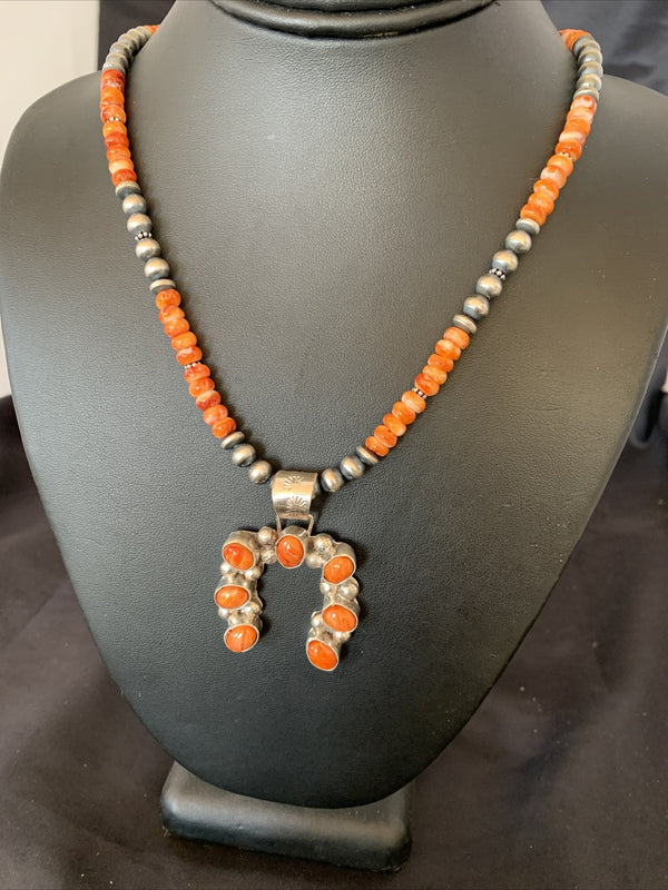 Spiny Oyster Naja Pendant Navajo Pearls Necklace | Sterling Silver | Authentic Native American Handmade | 12091