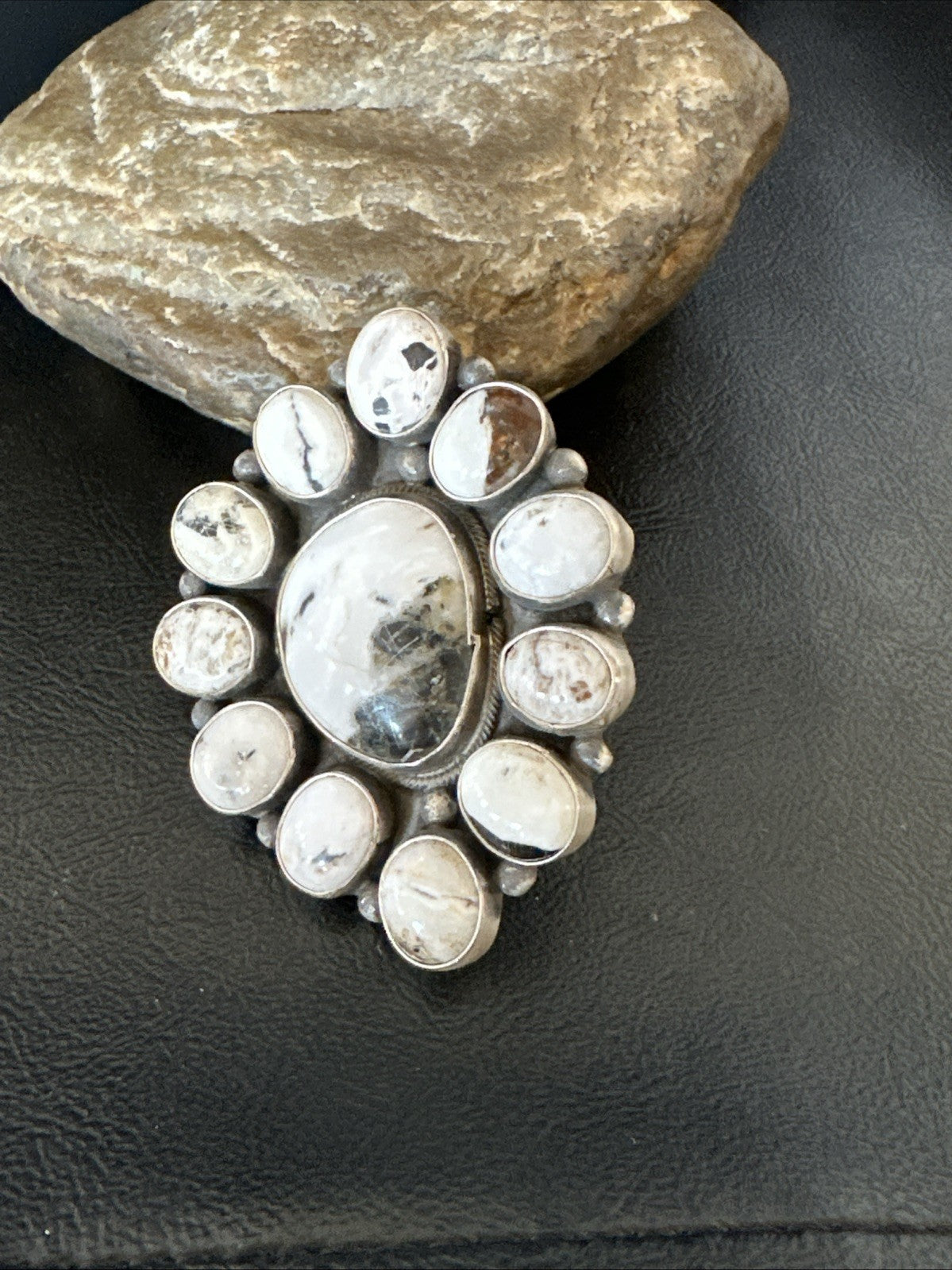 XXL White Buffalo Turquoise Navajo Sterling Silver Cluster Ring Size 8 19275