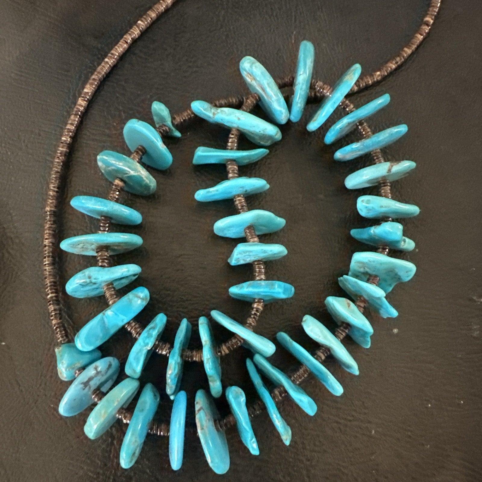 Navajo Kingman Turquoise Shell Heishi Sterling Silver Bead 24” Necklace 19633