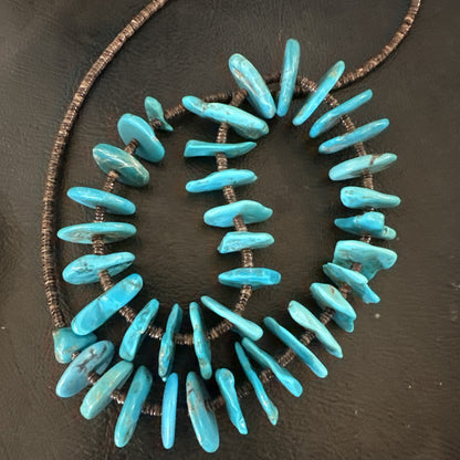 Navajo Kingman Turquoise Shell Heishi Sterling Silver Bead 24” Necklace 19633