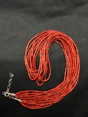 Native American Red Coral Navajo Necklace Sterling Silver 10 Strand 4387