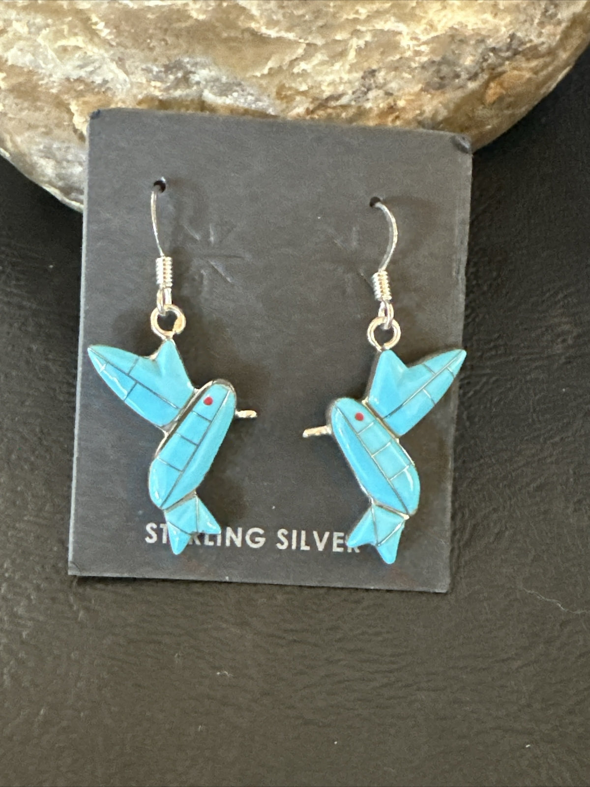 Blue Turquoise Navajo Sterling Silver Hummingbird Dangle Earrings 1424