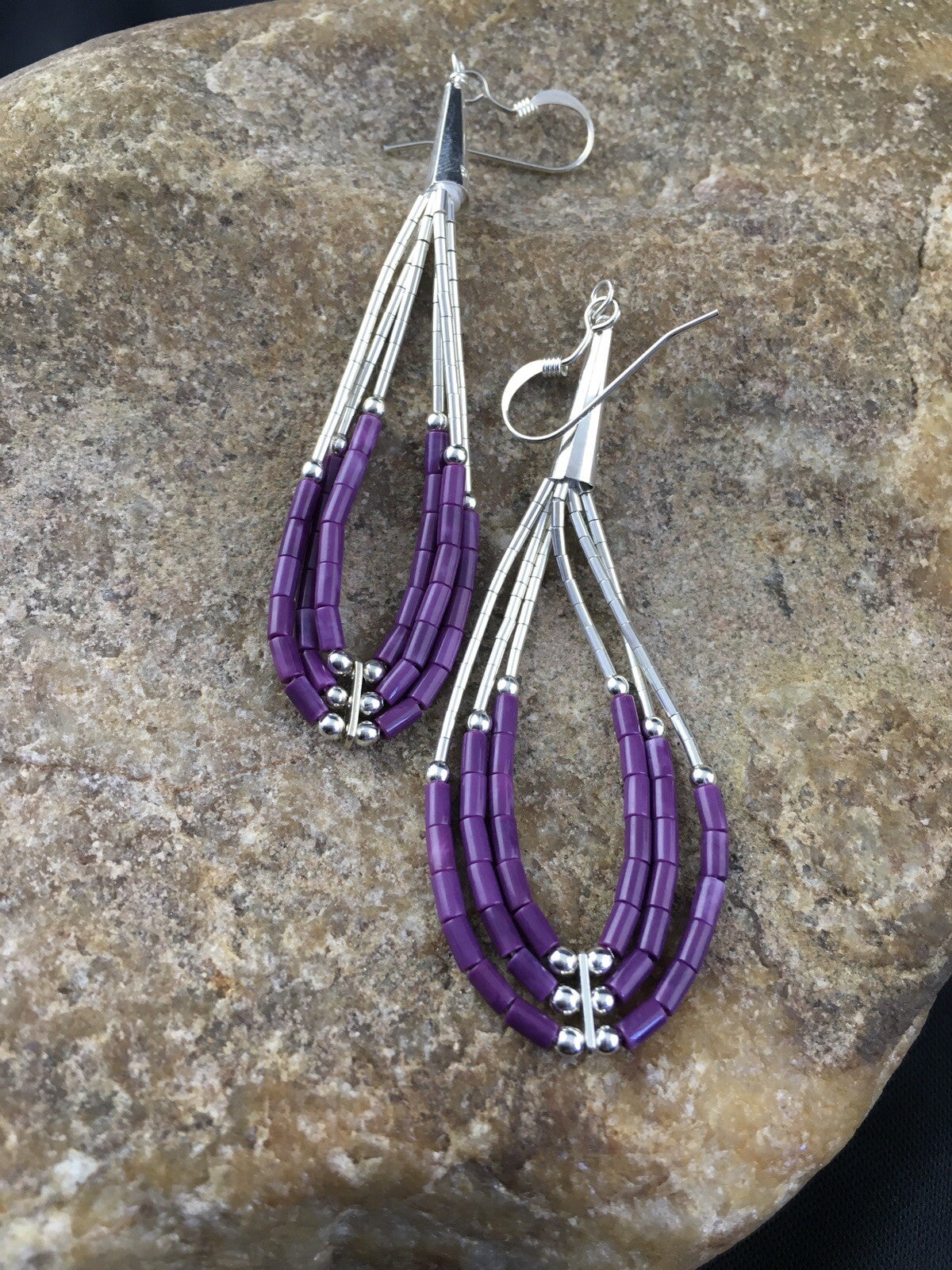 Purple Stone 3 Strand Heishi Liquid Sterling Silver Dangle Earrings 01985