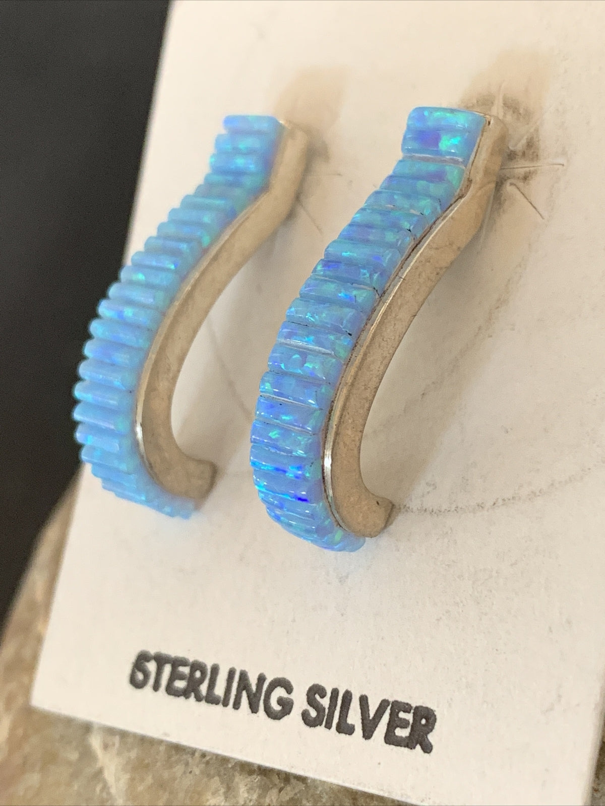 Blue Opal Inlay Navajo Sterling Silver Hoop Earrings 1" 1718