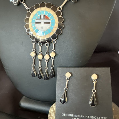 Sunface Spiny Onyx Turquoise Zuni Sterling Silver Necklace 18" Earrings 19115