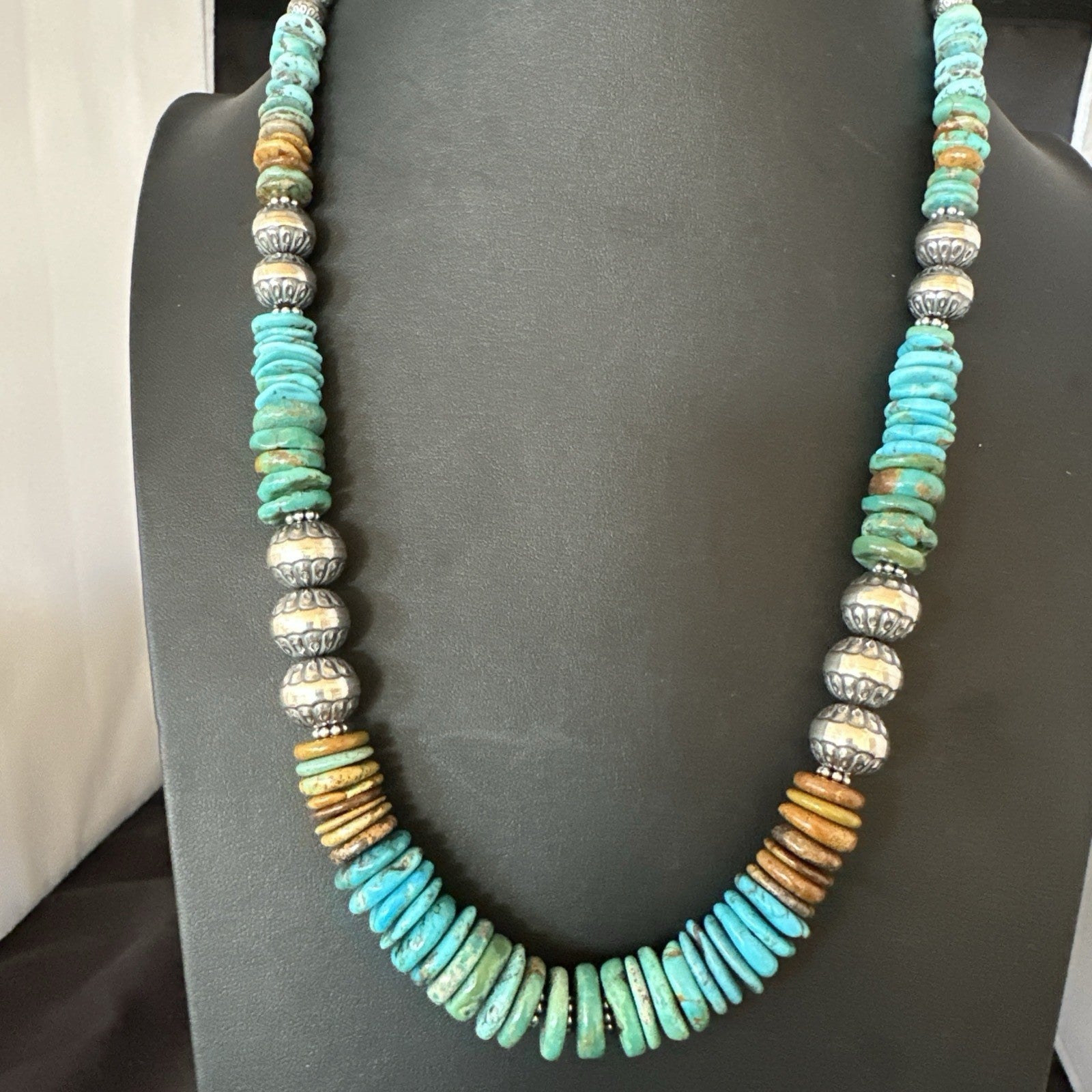WoMens Blue Green Turquoise Navajo Sterling Silver Necklace 24” 19492