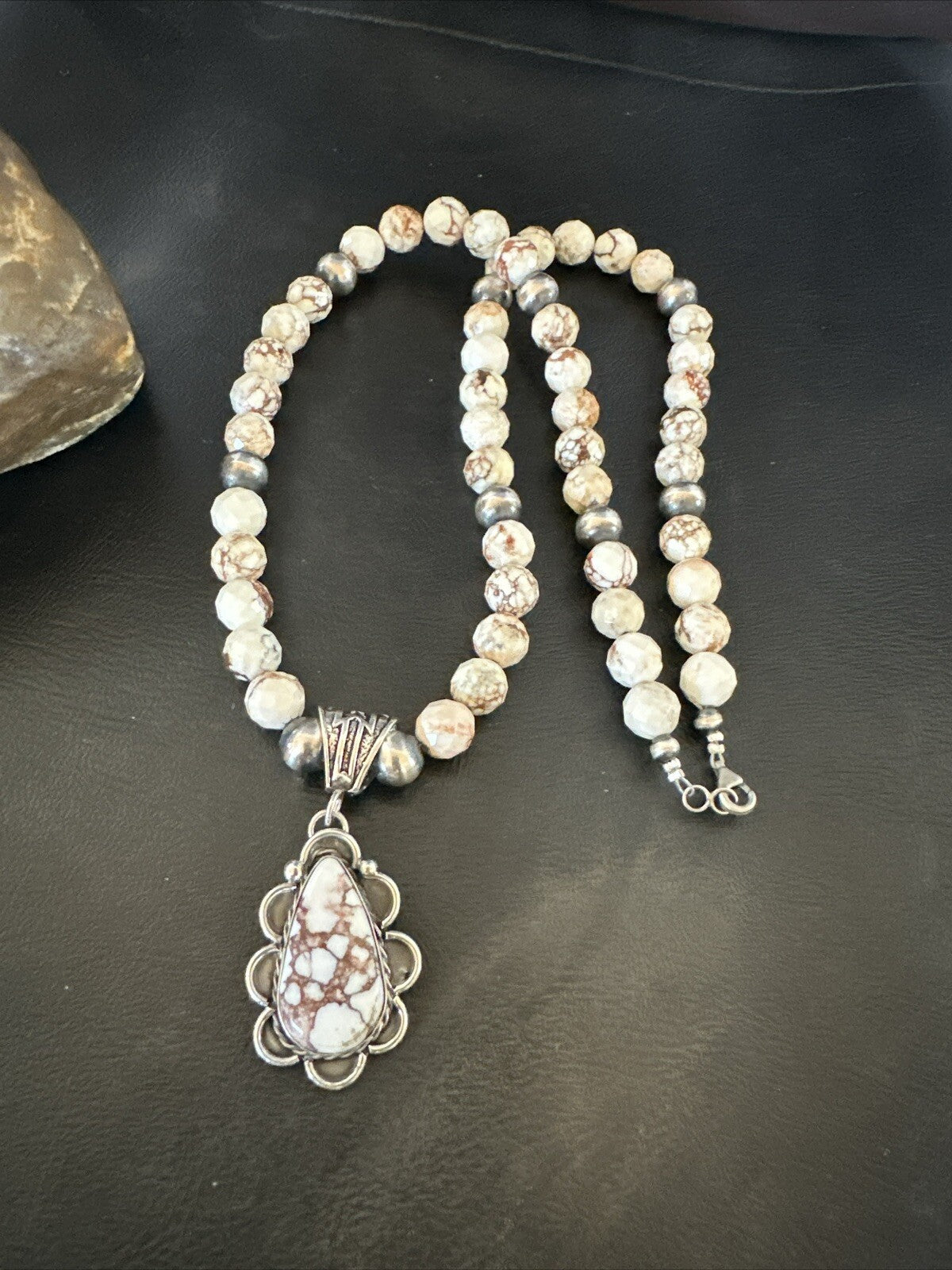 Wild Horse Turquoise Pendant Sterling Silver Beads Howlite Necklace 18030