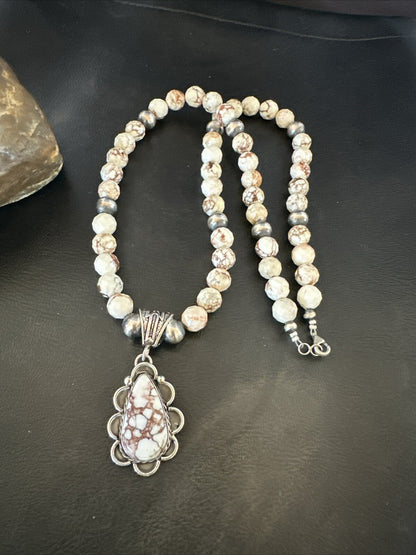 Wild Horse Turquoise Pendant Sterling Silver Beads Howlite Necklace 18030
