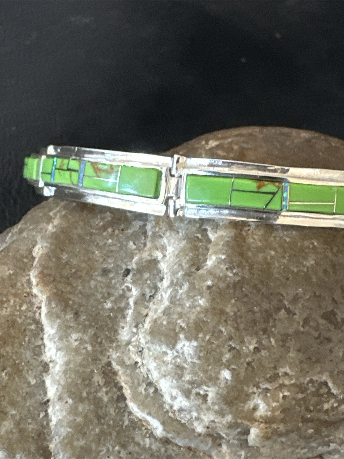 Womens Green Gaspeite Inlay Link Bracelet 7.5” Sterling Silver 19152