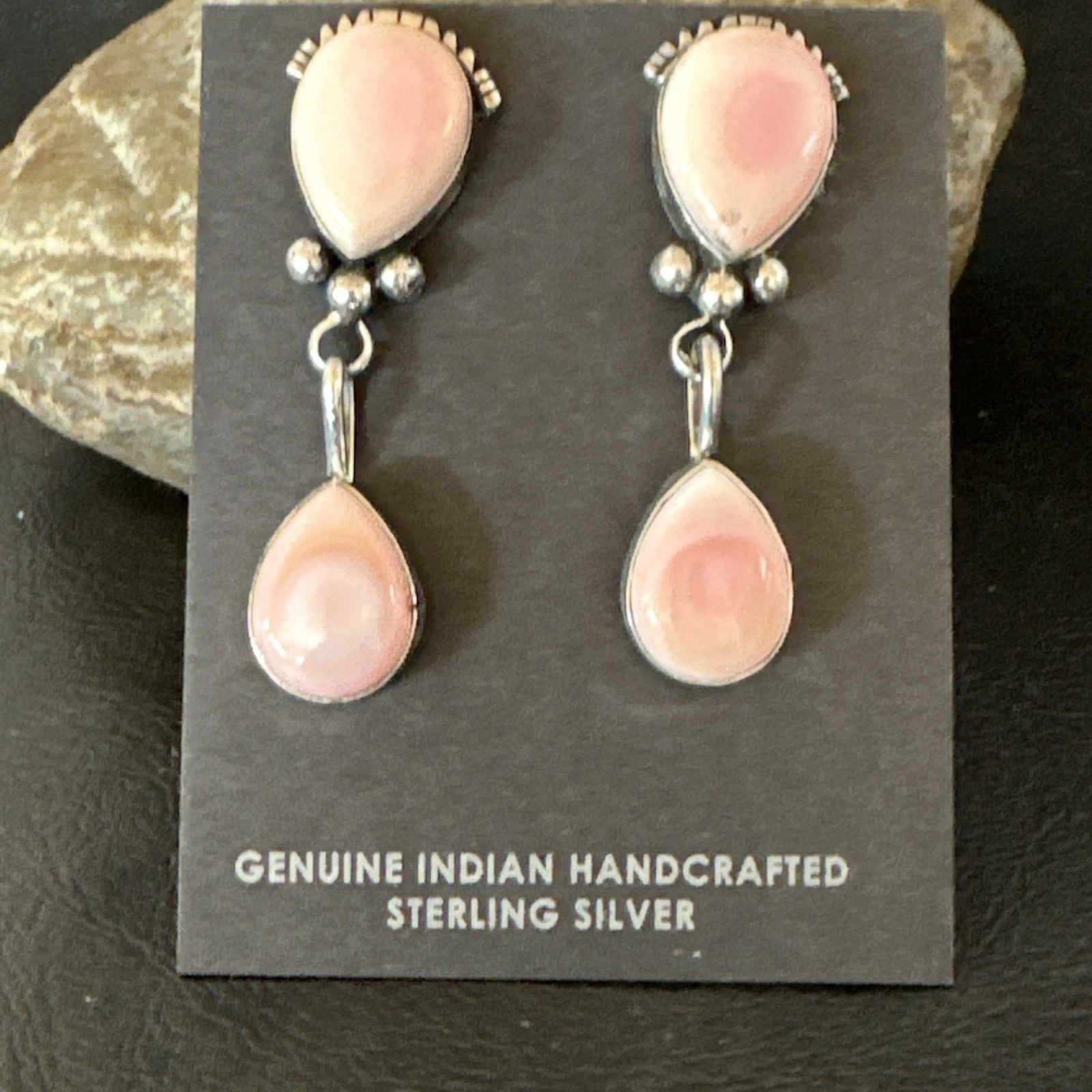 Yazzie Pink Queen Conch Navajo Sterling Silver Post Dangle Earrings 19796