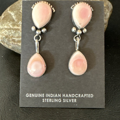 Yazzie Pink Queen Conch Navajo Sterling Silver Post Dangle Earrings 19796