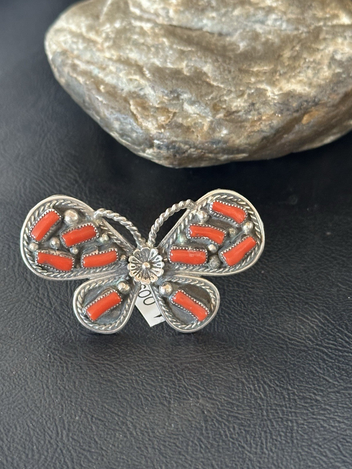 Red Coral Butterfly Sterling Silver Cluster Navajo Ring Size 8 00987