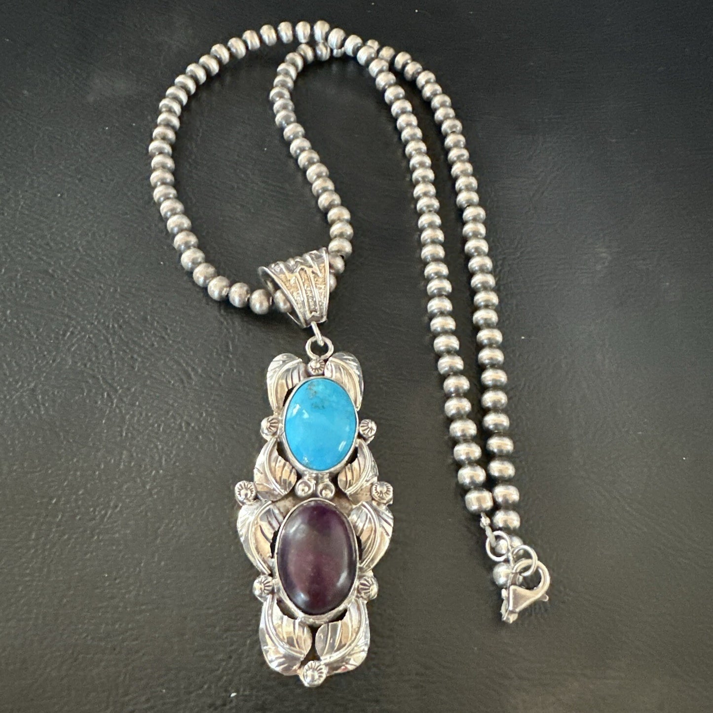 Blue Kingman Turquoise  Purple Stone Pendant Navajo Sterling Silver 18038